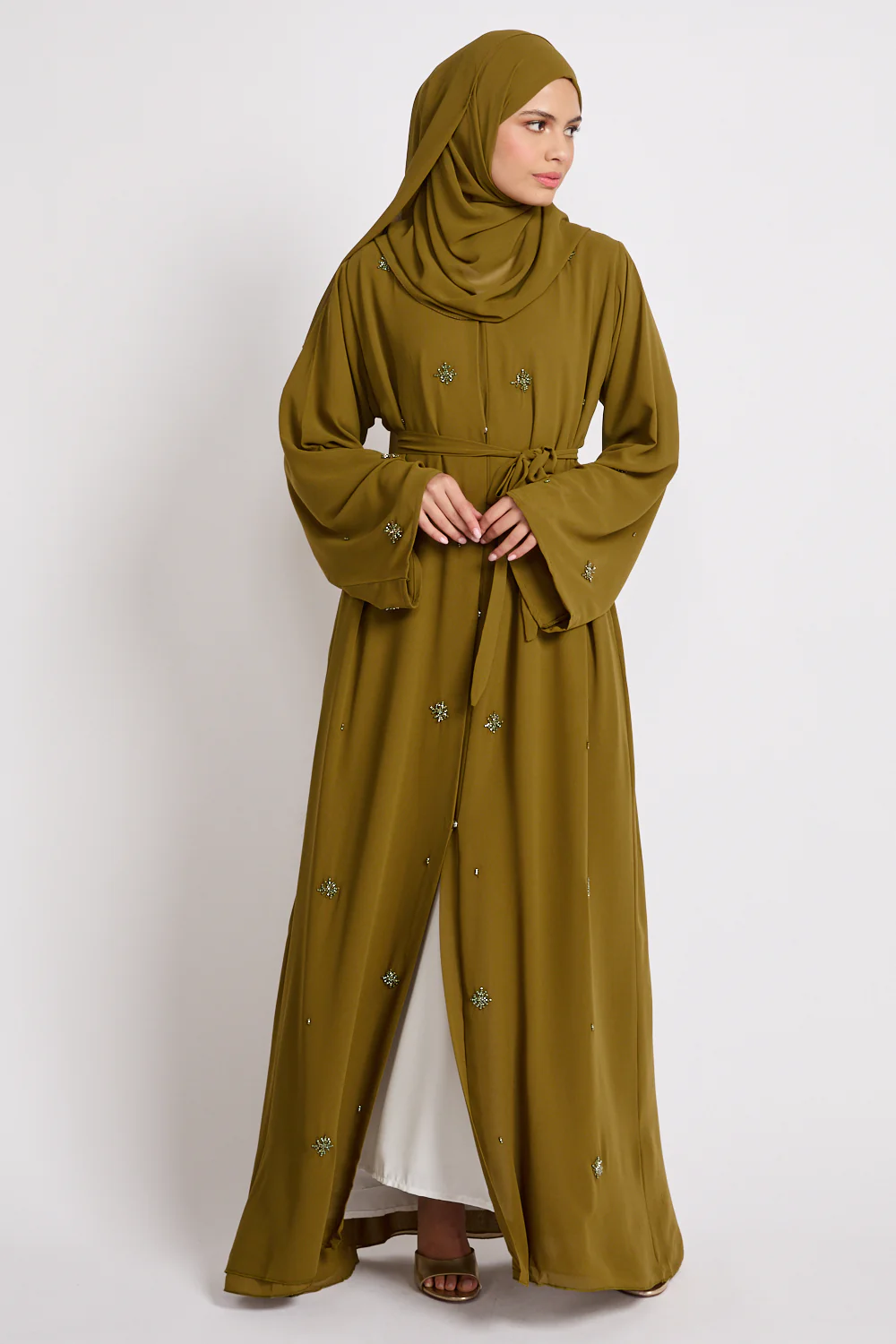 Premium Chiffon Embellished Open Abaya – Warm Olive - Image 5