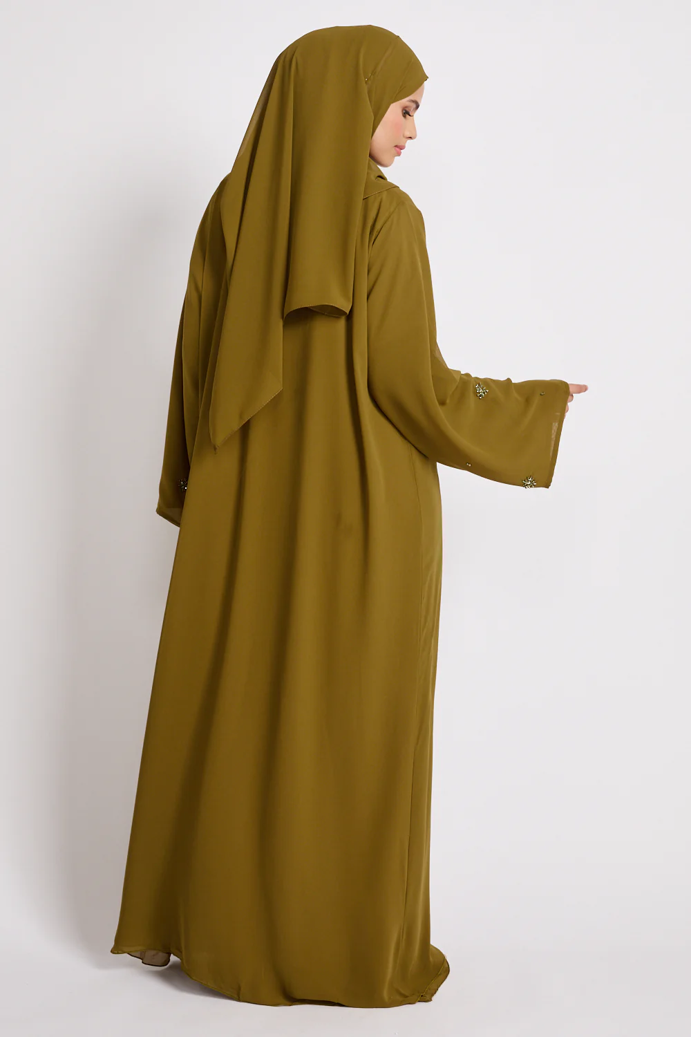 Premium Chiffon Embellished Open Abaya – Warm Olive - Image 6