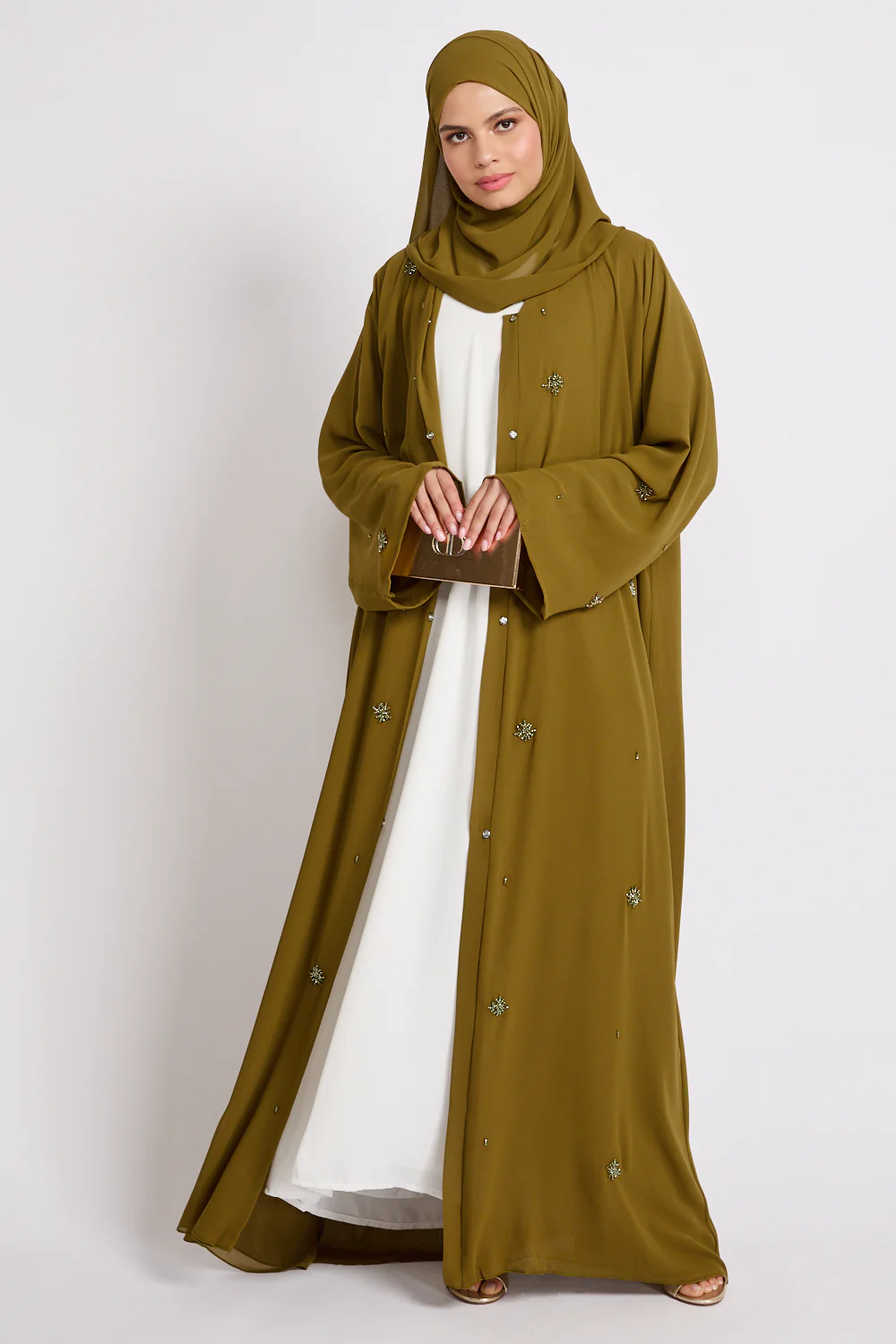 Premium Chiffon Embellished Open Abaya – Warm Olive - Image 7