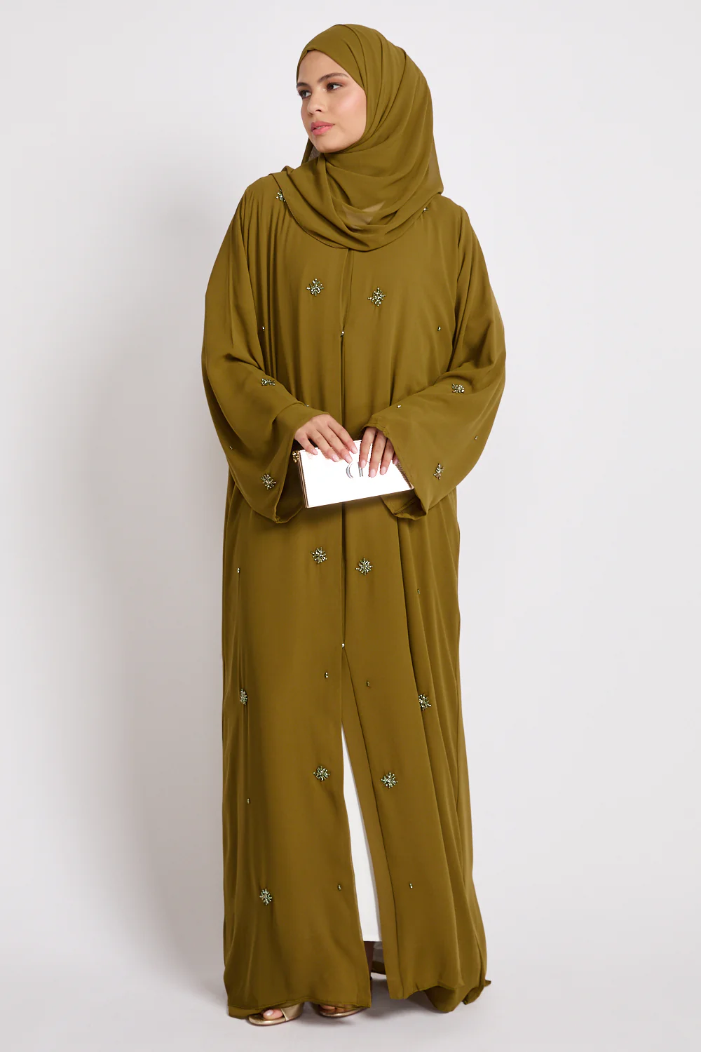 Premium Chiffon Embellished Open Abaya – Warm Olive - Image 8
