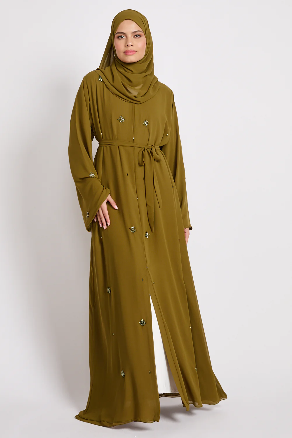 Premium Chiffon Embellished Open Abaya – Warm Olive - Image 9