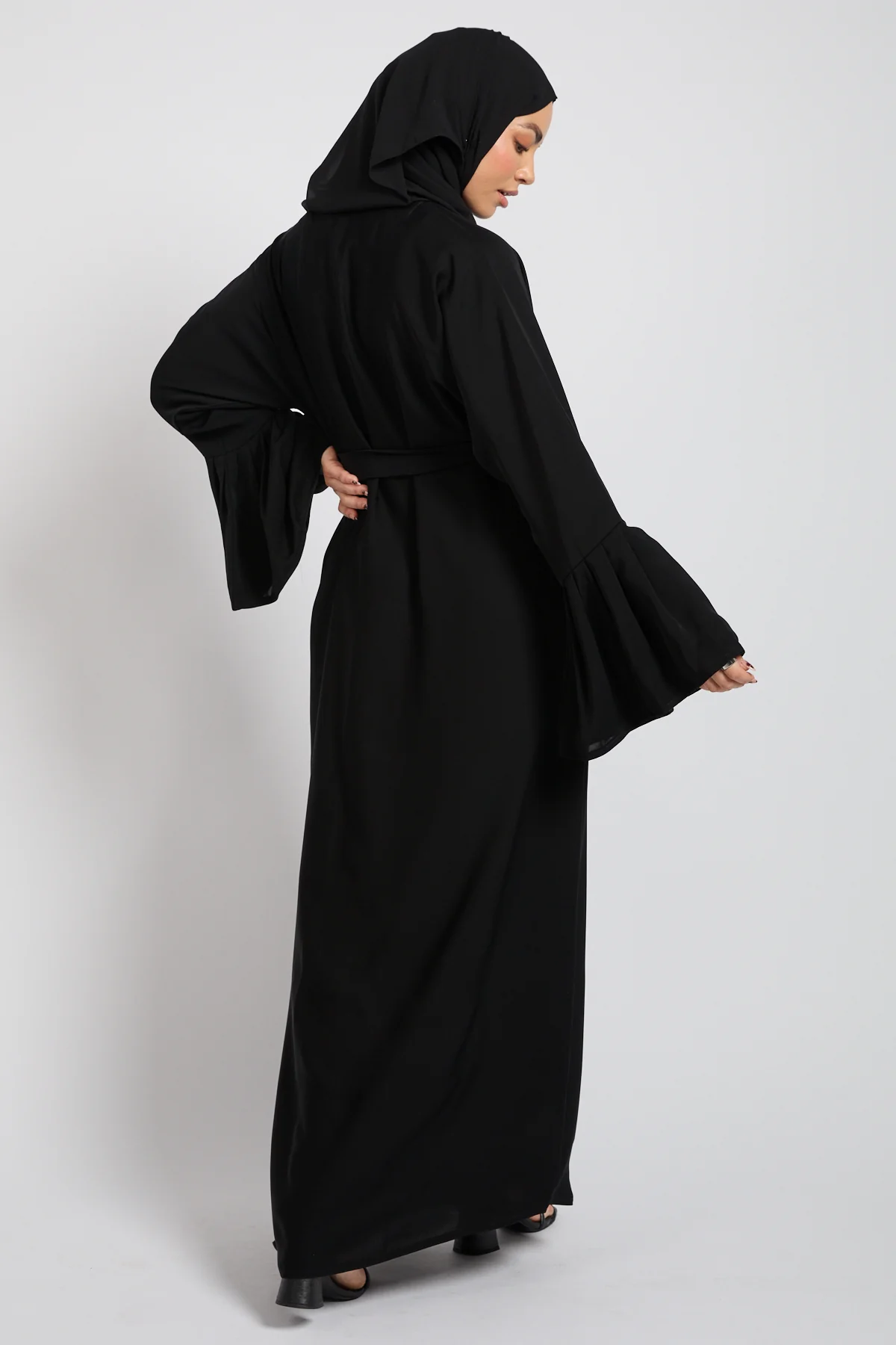 Premium Classic Black Bell Sleeve Kimono Open Abaya - Image 4