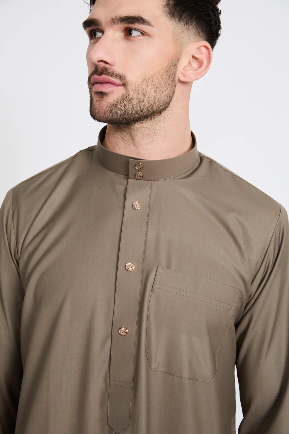 Premium Classic Buttoned Thobe - Khaki Olive - Image 2