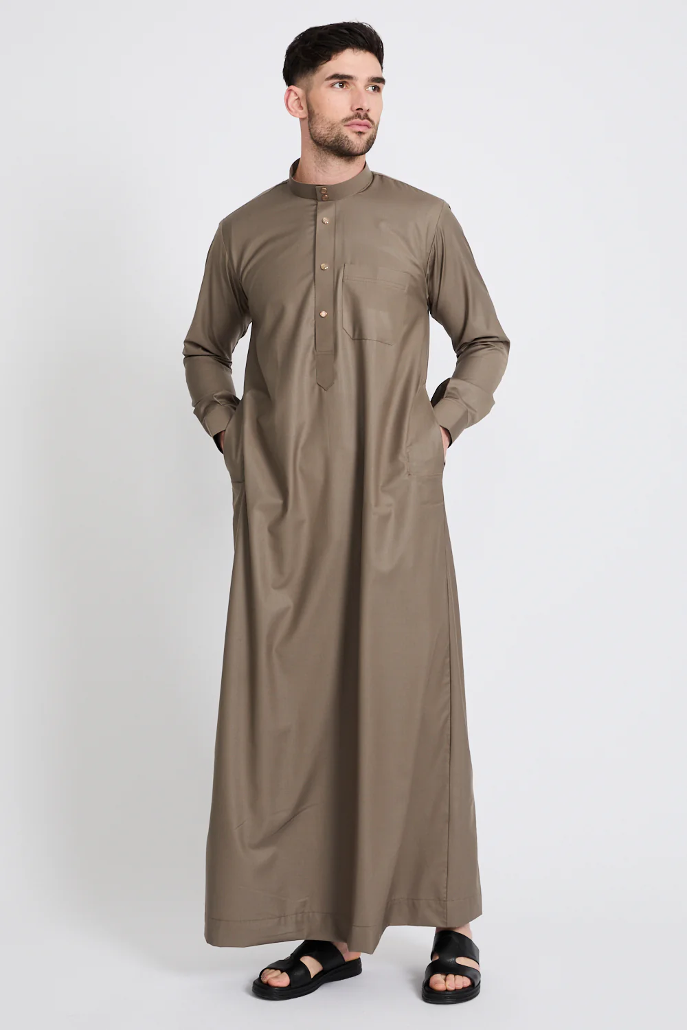 Premium Classic Buttoned Thobe - Khaki Olive - Image 3