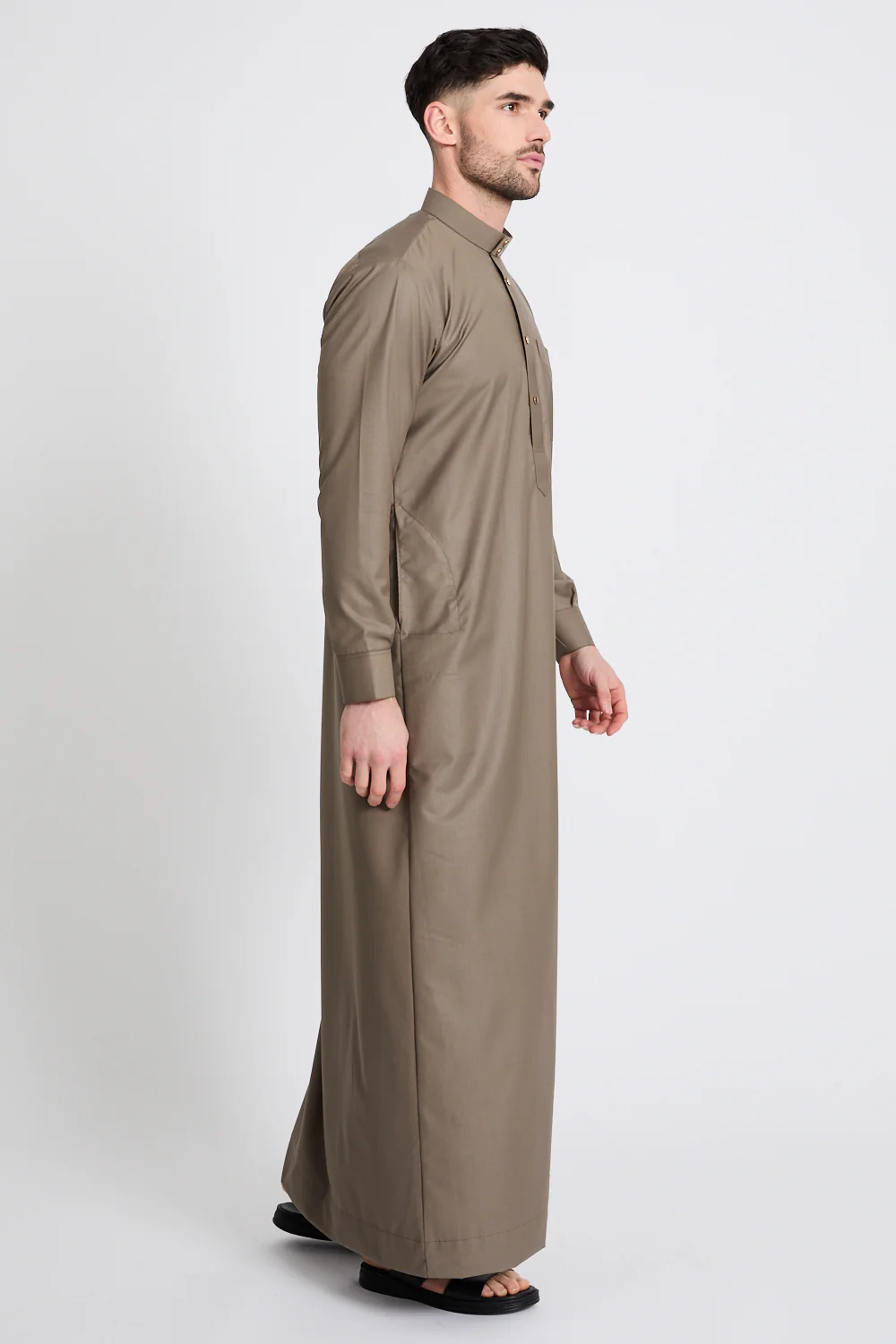Premium Classic Buttoned Thobe - Khaki Olive - Image 4