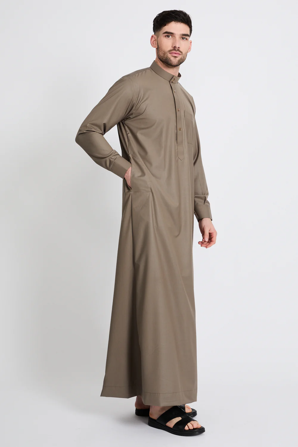 Premium Classic Buttoned Thobe - Khaki Olive - Image 7