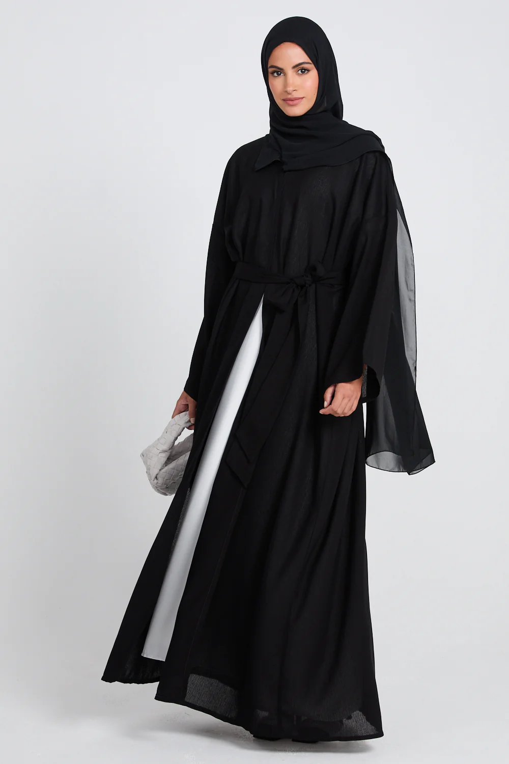 Premium Classic Linen Blend Open Abaya - Black