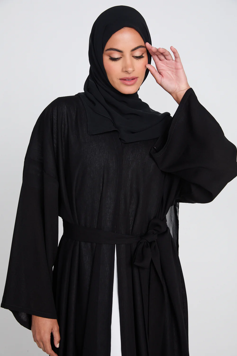 Premium Classic Linen Blend Open Abaya - Black - Image 2
