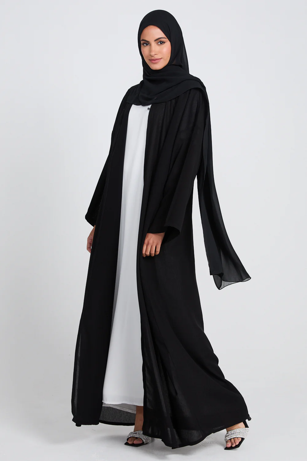 Premium Classic Linen Blend Open Abaya - Black - Image 3