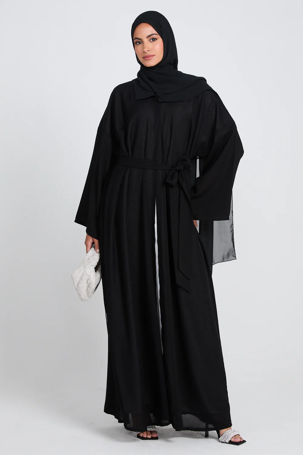 Premium Classic Linen Blend Open Abaya - Black - Image 4