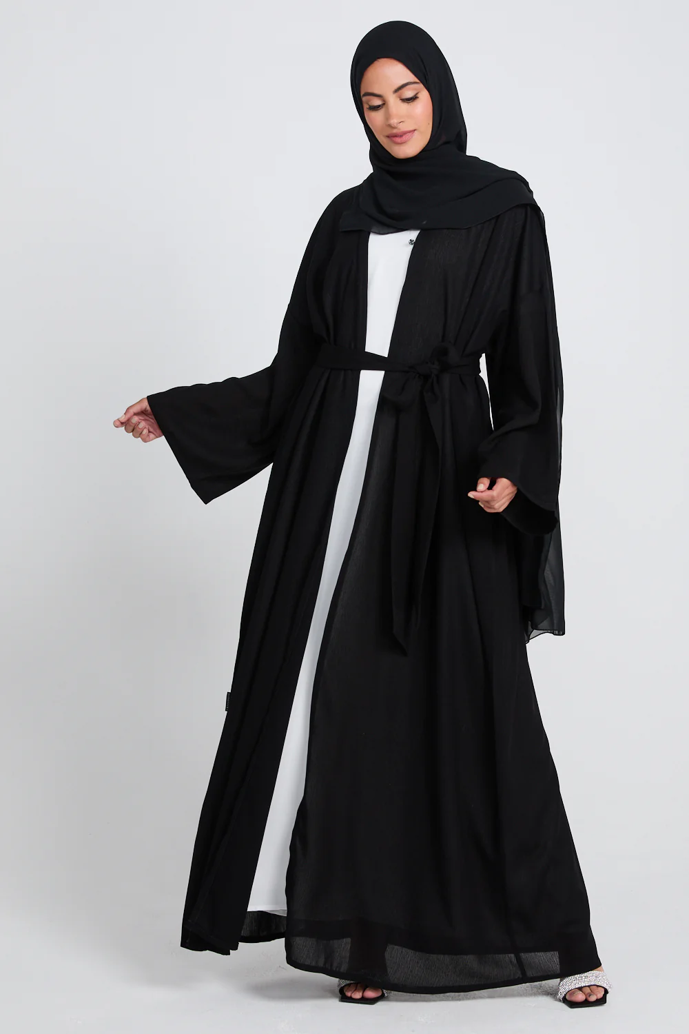 Premium Classic Linen Blend Open Abaya - Black - Image 5