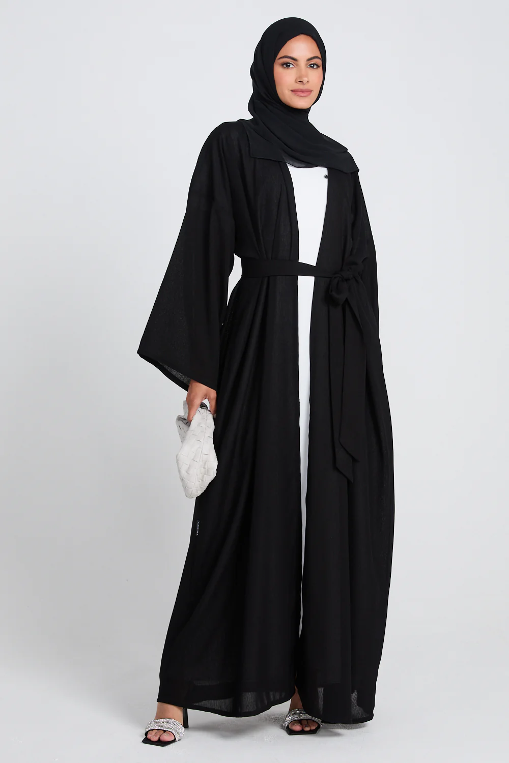 Premium Classic Linen Blend Open Abaya - Black - Image 6