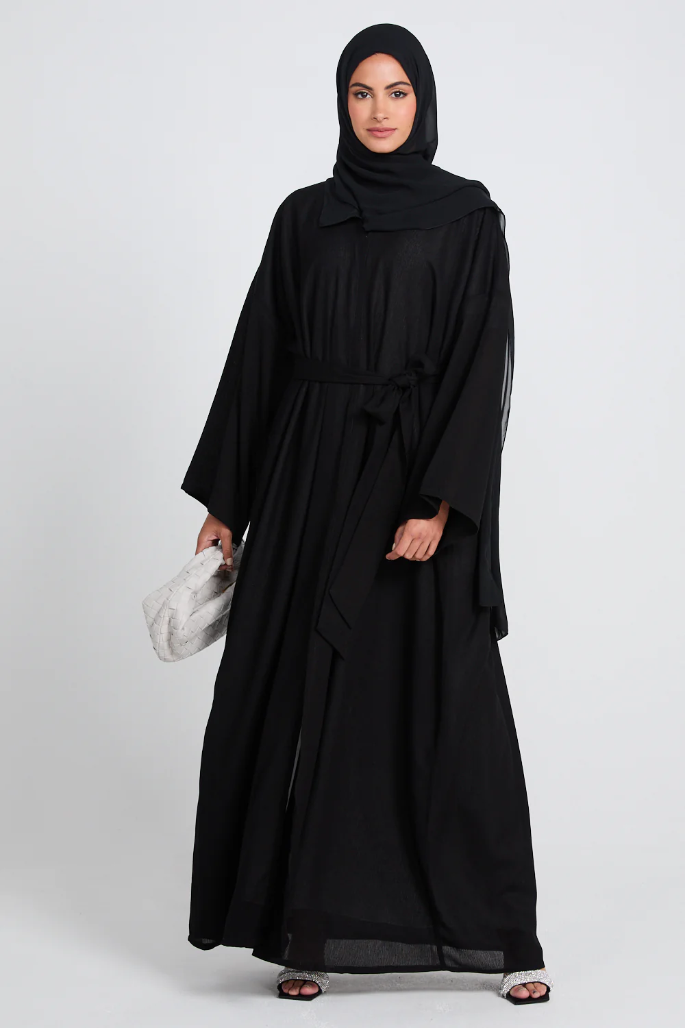 Premium Classic Linen Blend Open Abaya - Black - Image 7