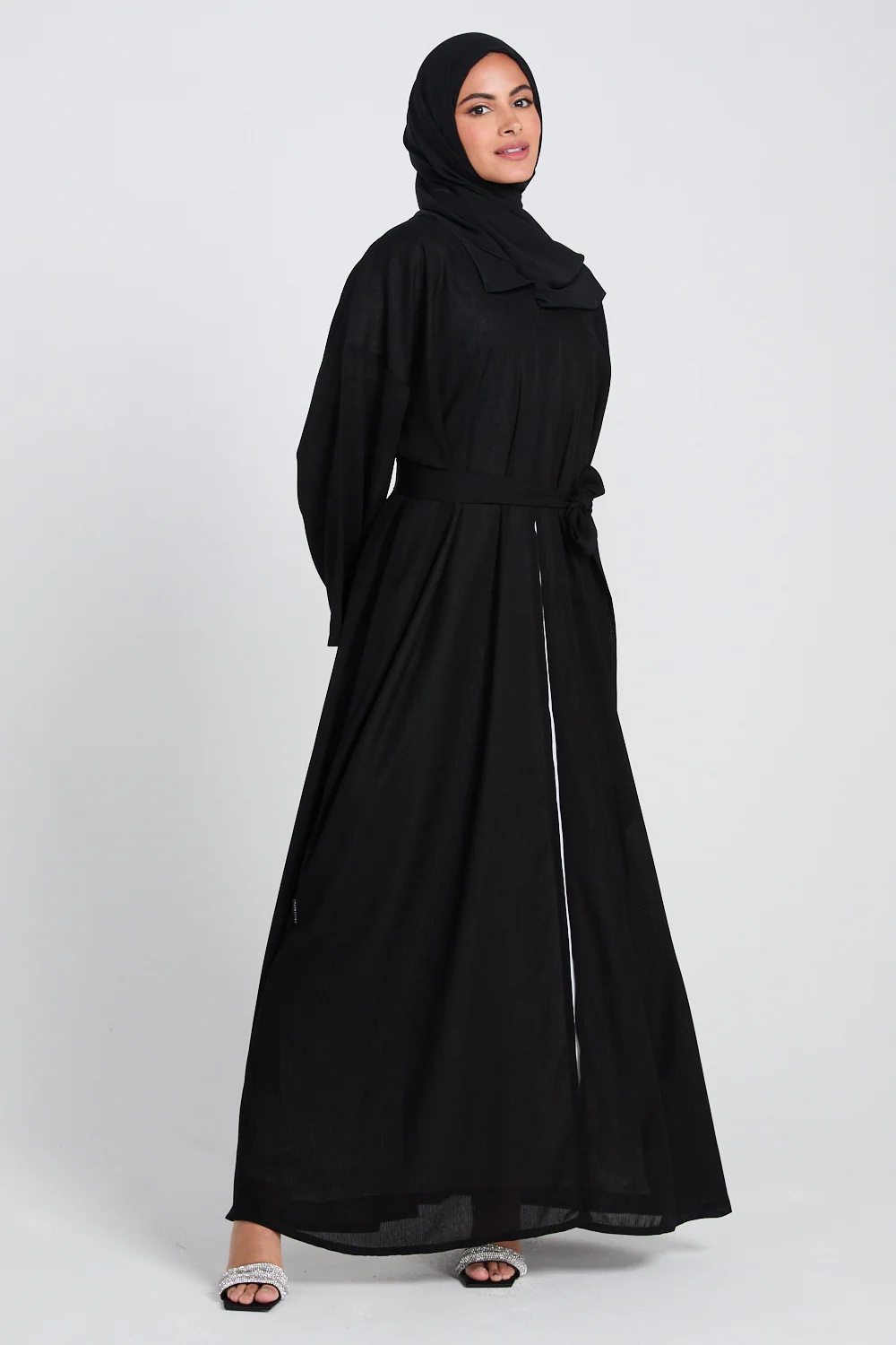 Premium Classic Linen Blend Open Abaya - Black - Image 8