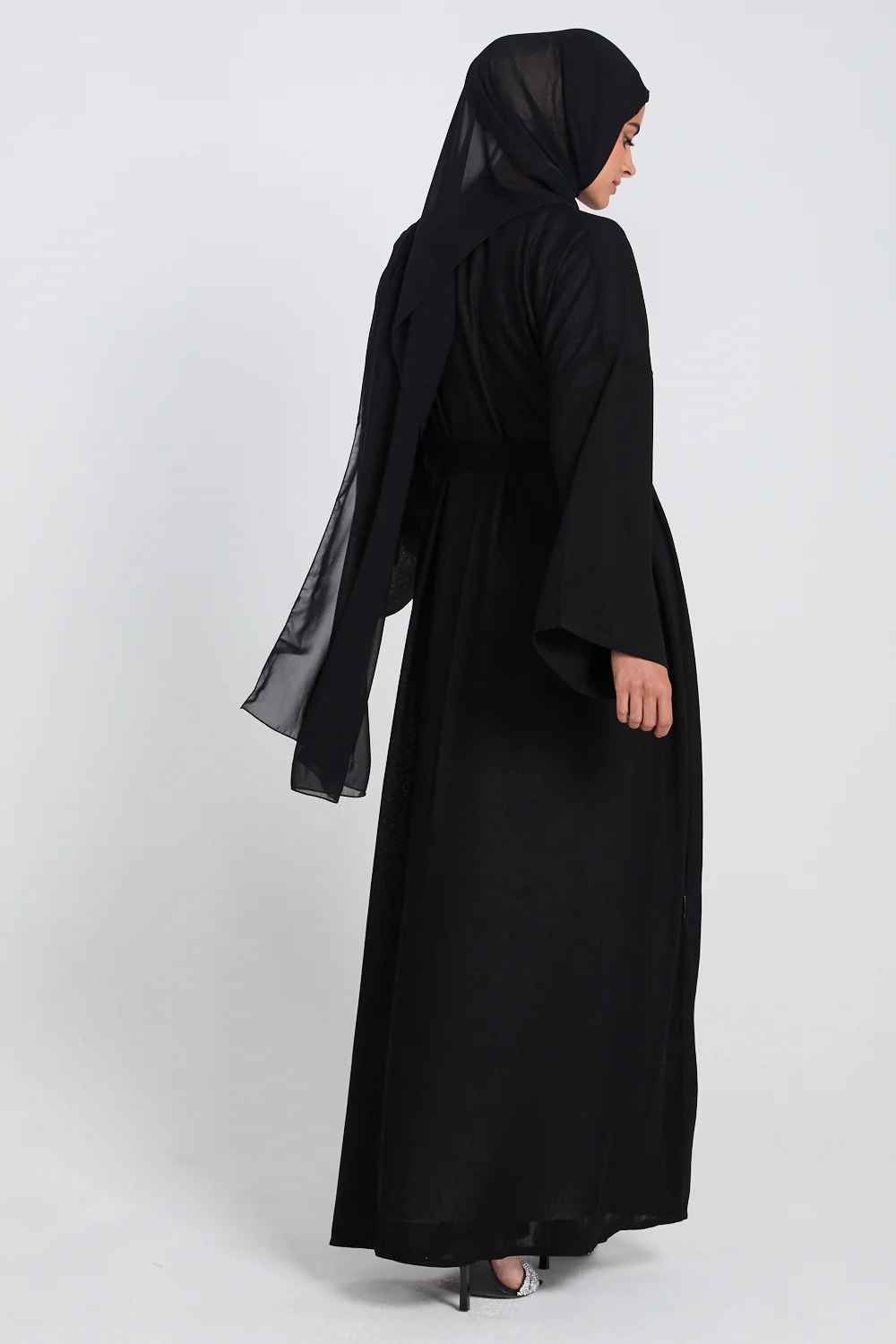 Premium Classic Linen Blend Open Abaya - Black - Image 9