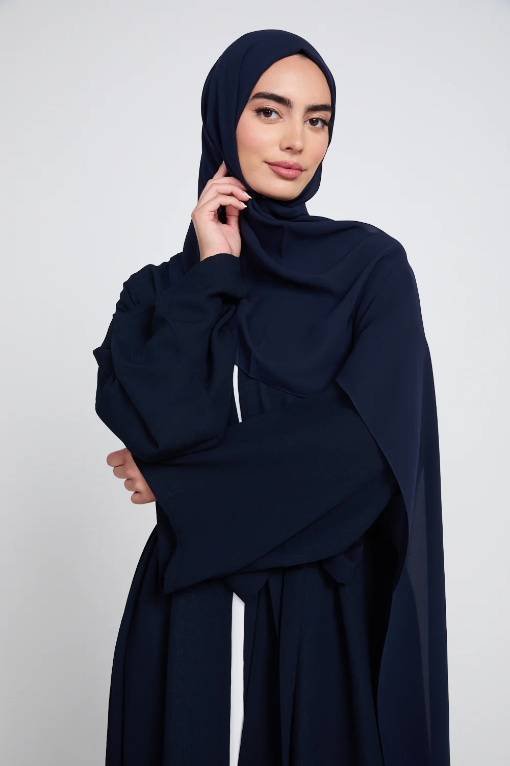 Premium Classic Linen Blend Open Abaya - Navy - Image 2