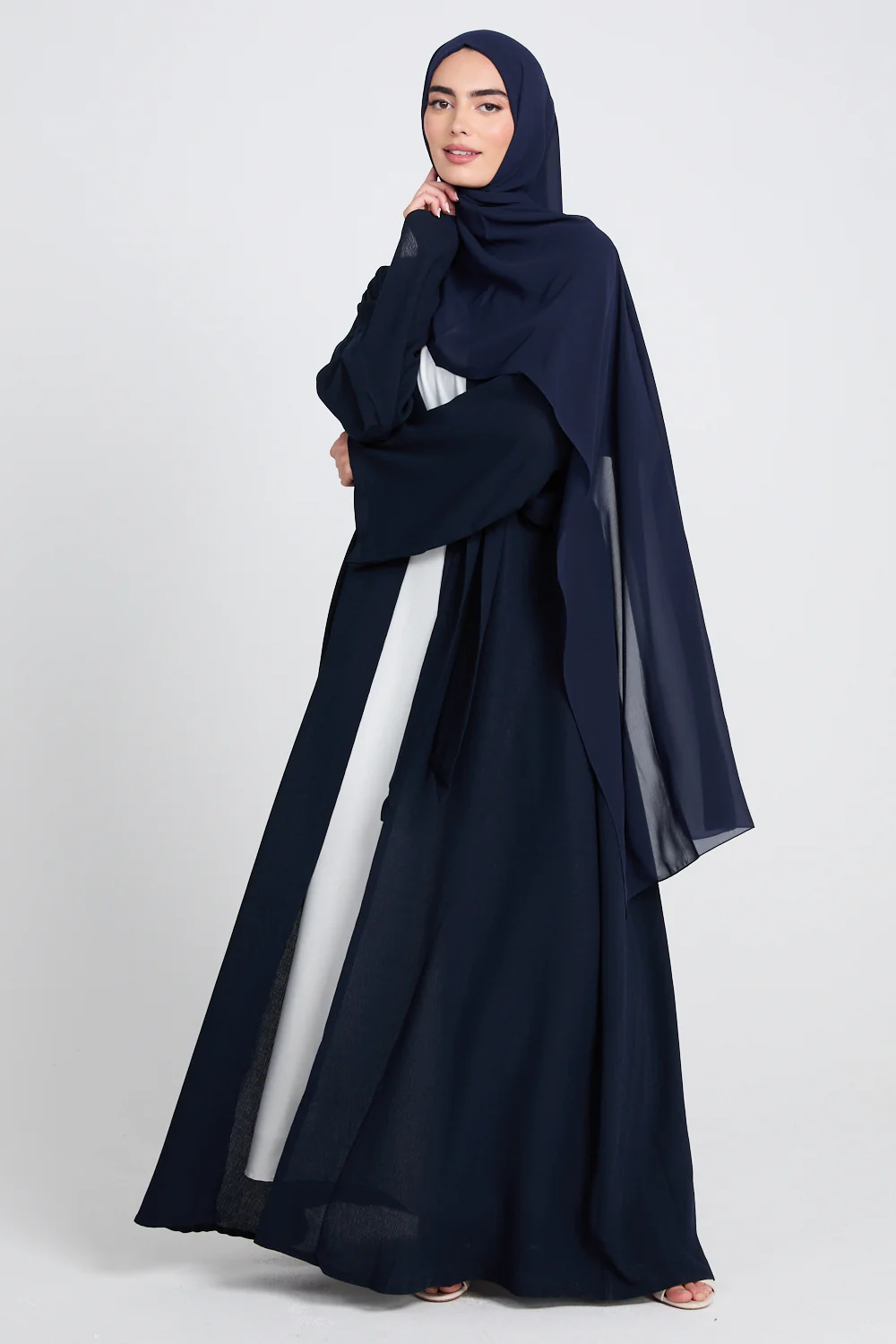 Premium Classic Linen Blend Open Abaya - Navy - Image 5