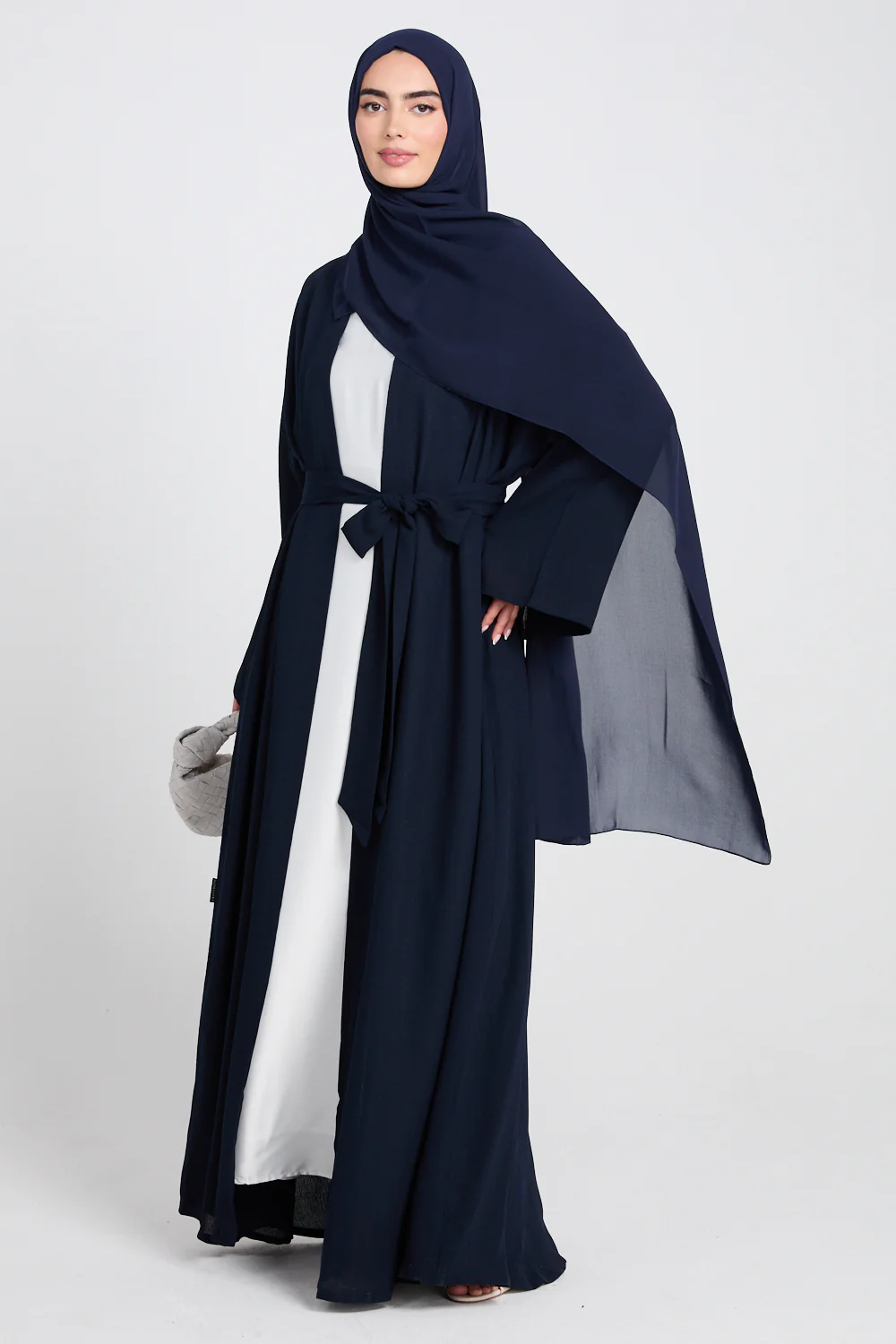Premium Classic Linen Blend Open Abaya - Navy - Image 6