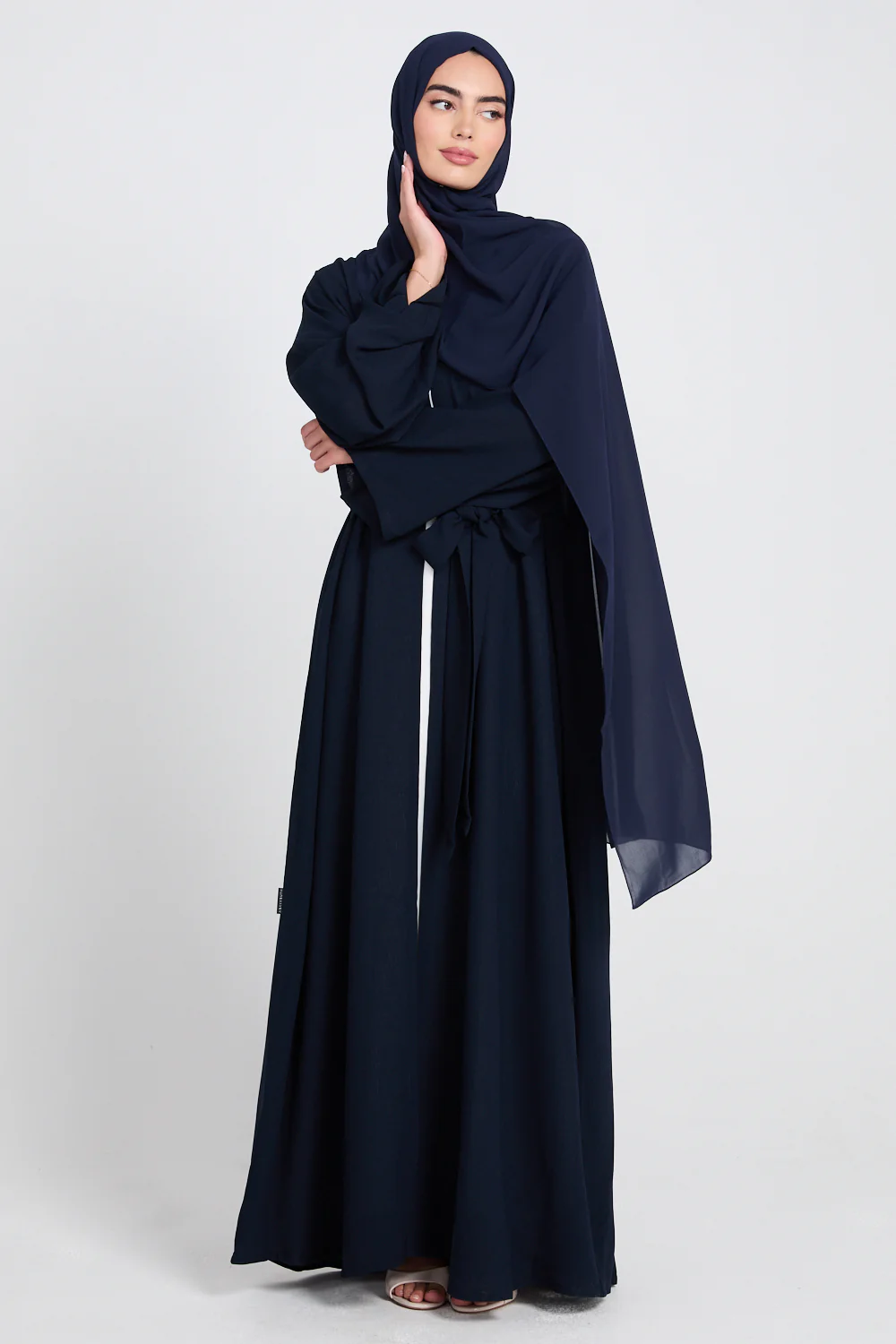 Premium Classic Linen Blend Open Abaya - Navy - Image 7