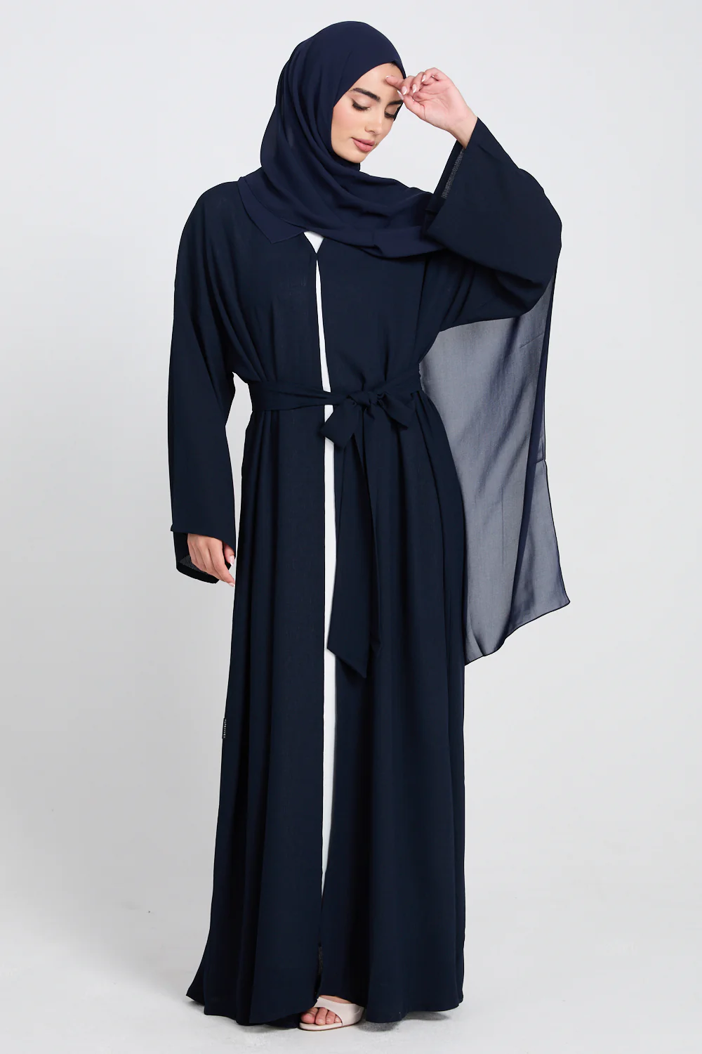 Premium Classic Linen Blend Open Abaya - Navy - Image 8
