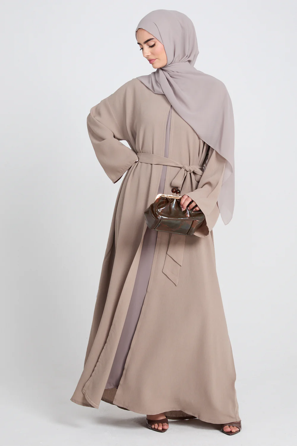 Premium Classic Linen Blend Open Abaya - Soft Truffle