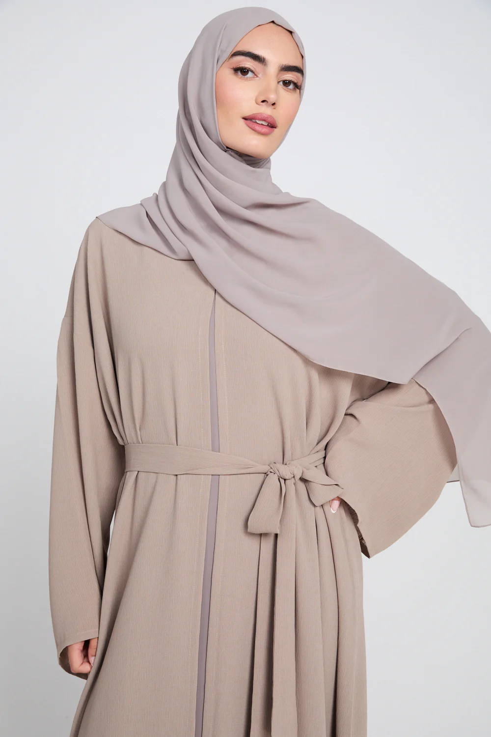 Premium Classic Linen Blend Open Abaya - Soft Truffle - Image 2