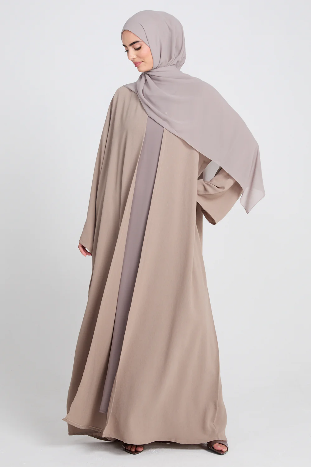 Premium Classic Linen Blend Open Abaya - Soft Truffle - Image 3