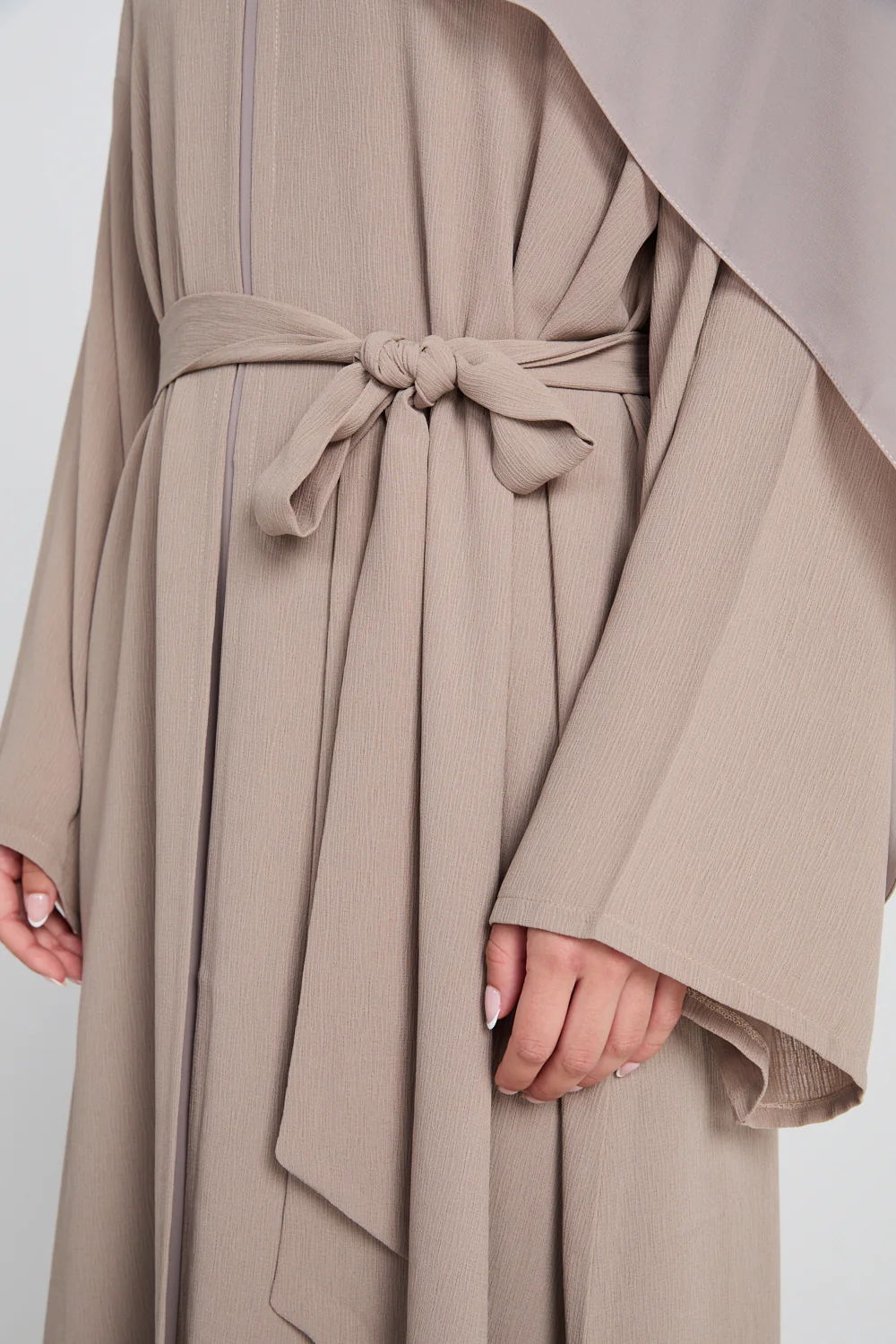 Premium Classic Linen Blend Open Abaya - Soft Truffle - Image 4