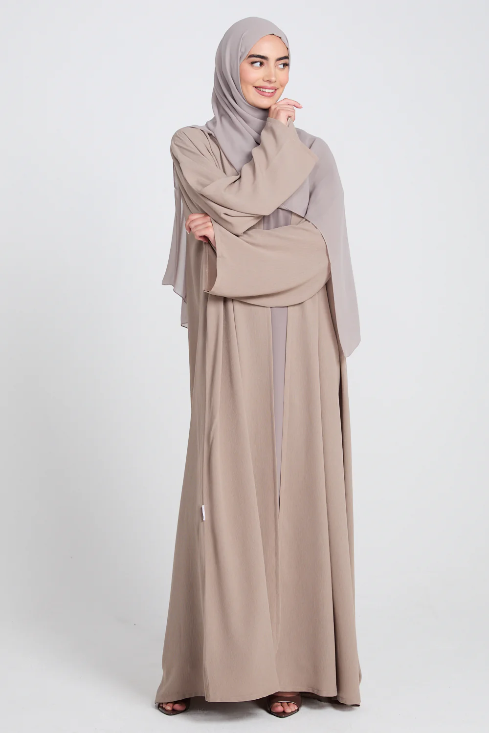 Premium Classic Linen Blend Open Abaya - Soft Truffle - Image 5