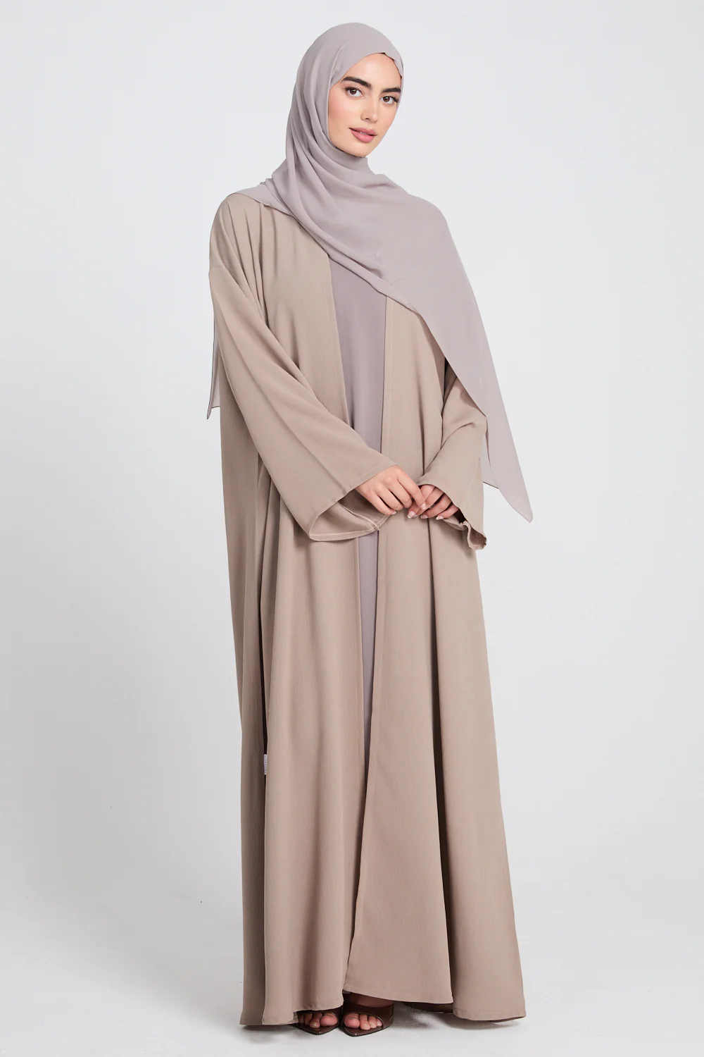 Premium Classic Linen Blend Open Abaya - Soft Truffle - Image 6