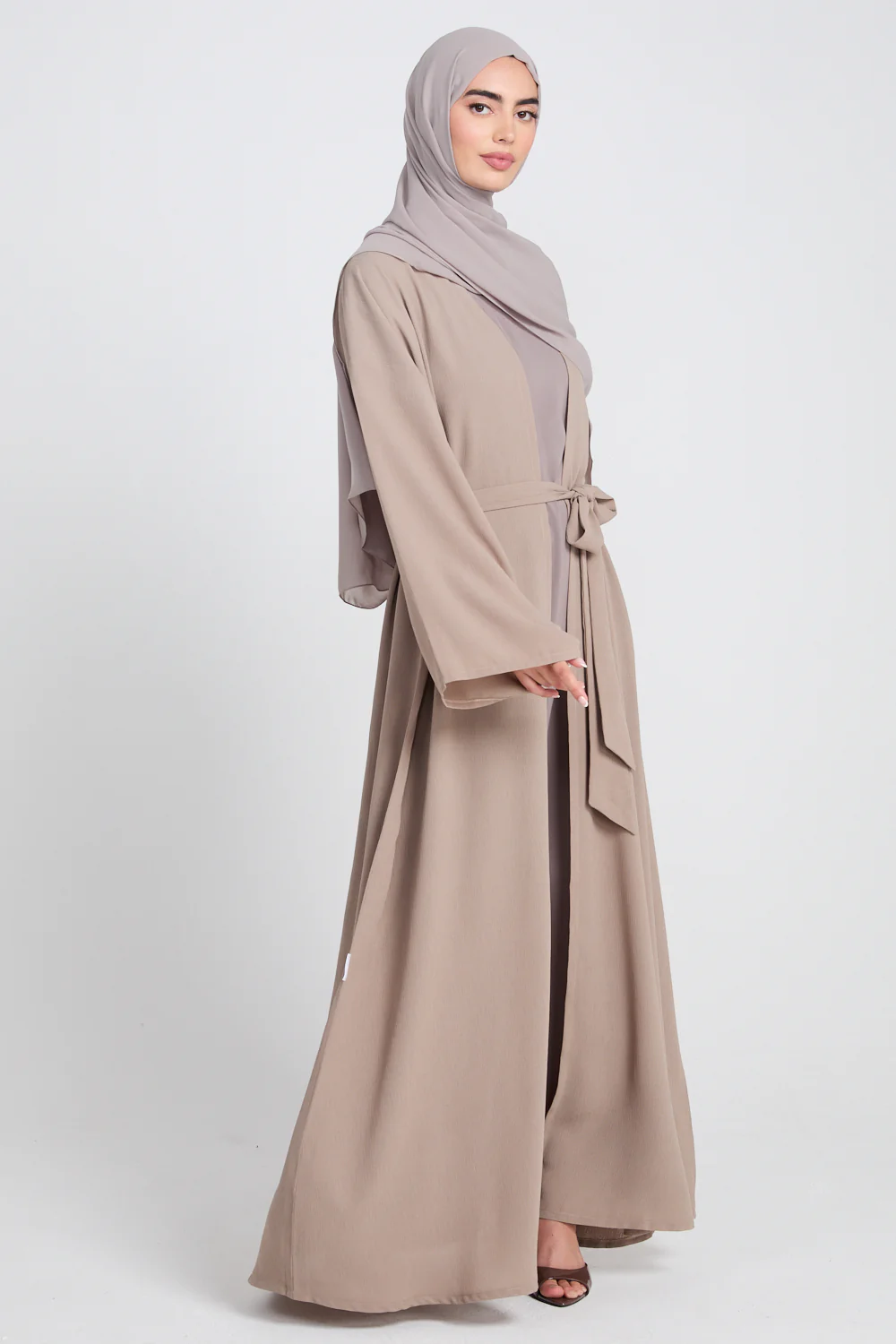 Premium Classic Linen Blend Open Abaya - Soft Truffle - Image 7