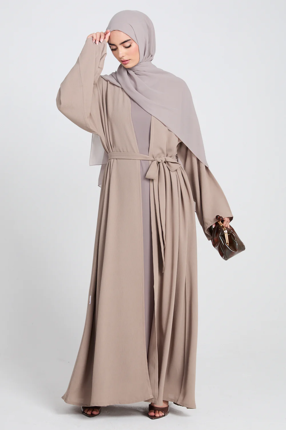 Premium Classic Linen Blend Open Abaya - Soft Truffle - Image 8