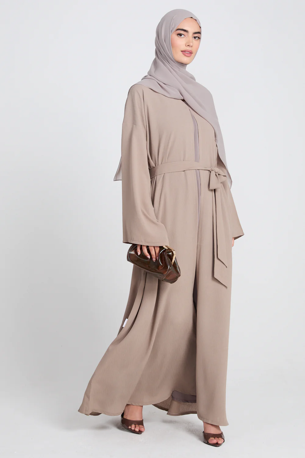 Premium Classic Linen Blend Open Abaya - Soft Truffle - Image 9