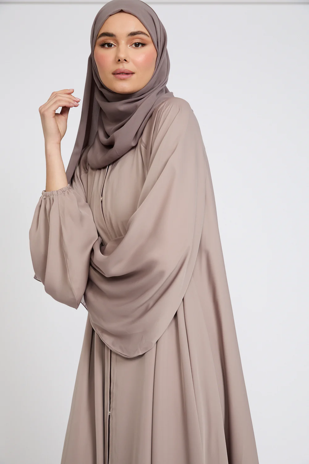 Premium Classic Umbrella Cut Open Abaya with Balloon Sleeves - Soft Truffle - Image 2
