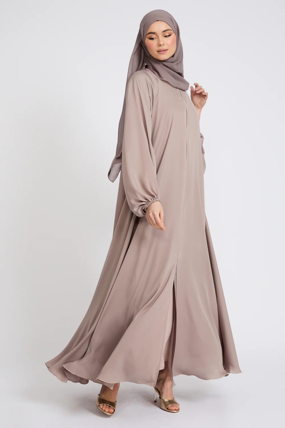 Premium Classic Umbrella Cut Open Abaya with Balloon Sleeves - Soft Truffle - Image 3