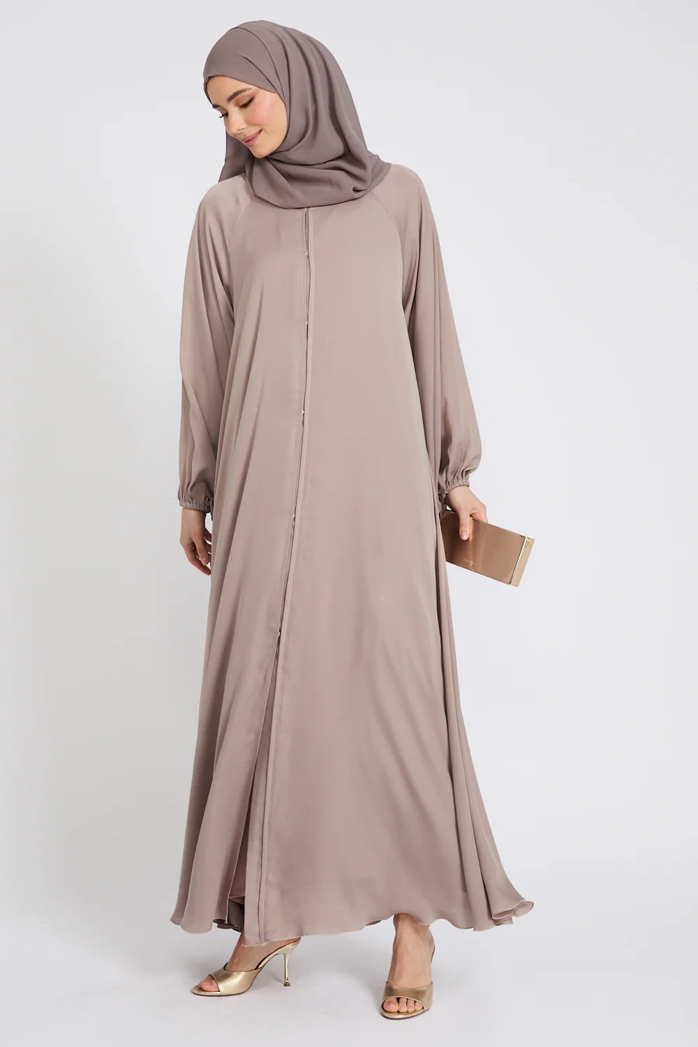 Premium Classic Umbrella Cut Open Abaya with Balloon Sleeves - Soft Truffle - Image 4