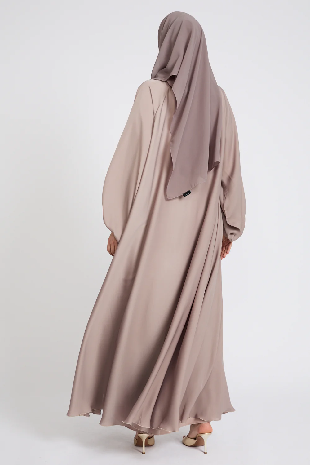 Premium Classic Umbrella Cut Open Abaya with Balloon Sleeves - Soft Truffle - Image 5