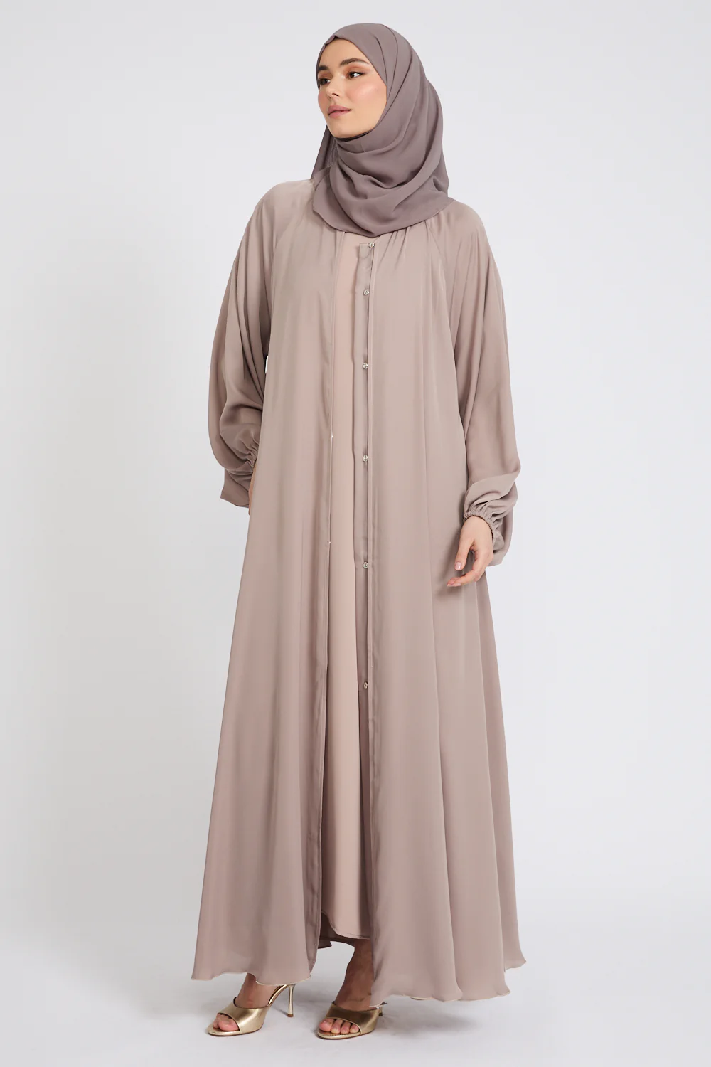 Premium Classic Umbrella Cut Open Abaya with Balloon Sleeves - Soft Truffle - Image 7