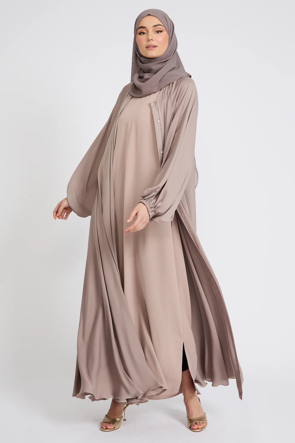 Premium Classic Umbrella Cut Open Abaya with Balloon Sleeves - Soft Truffle - Image 9