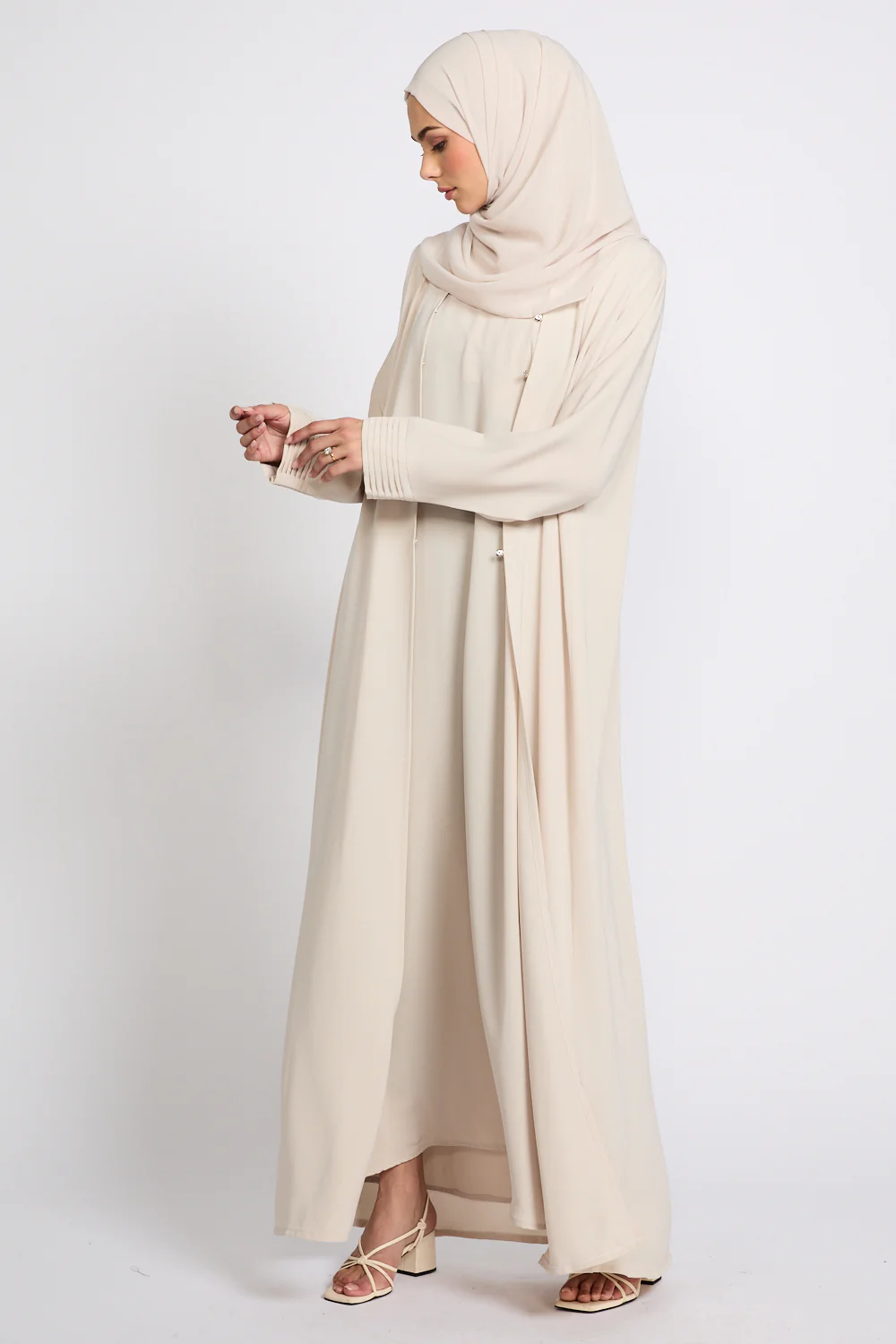 Premium Classic Open Abaya with Pleated Cuff Detailing - Almond Milk