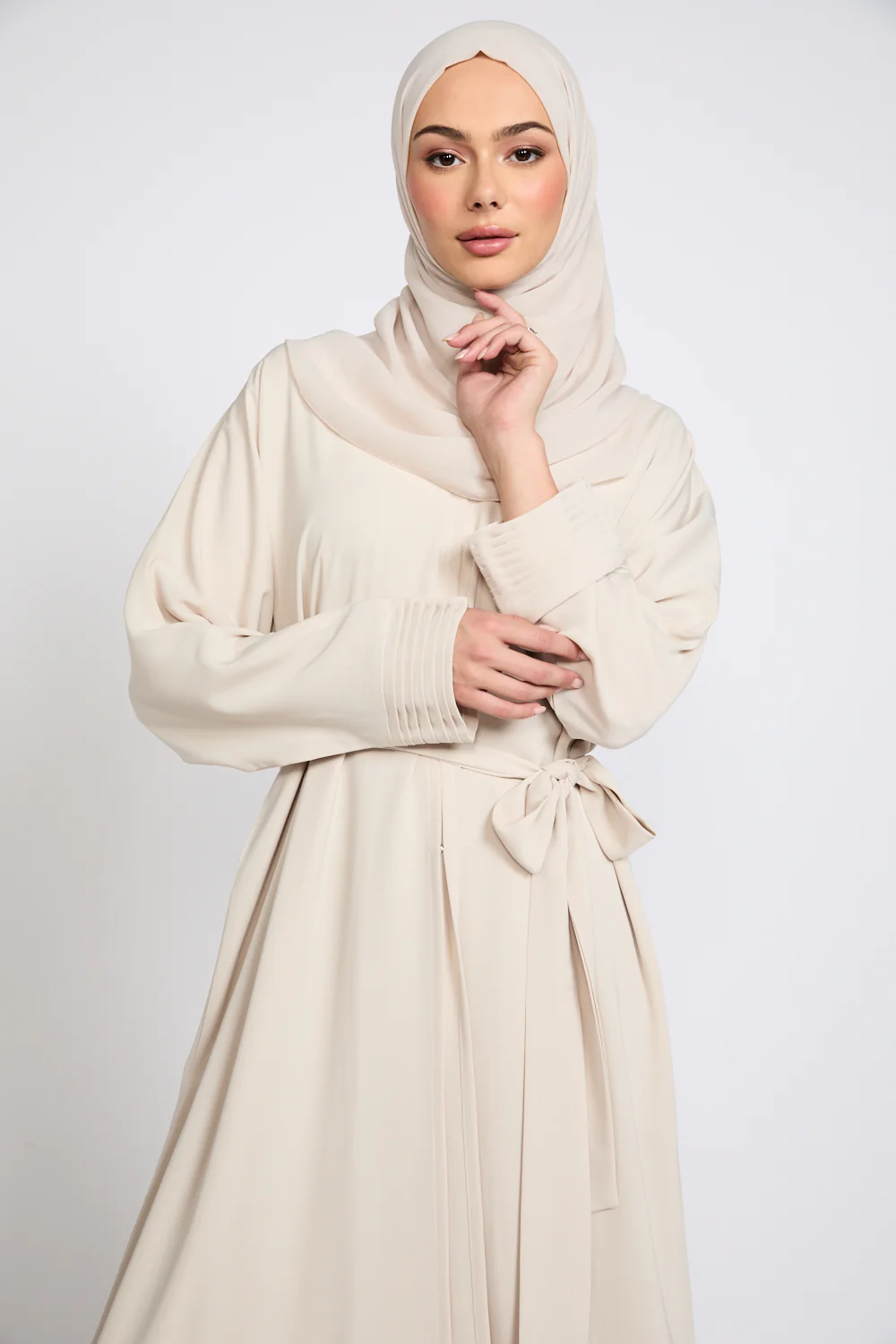 Premium Classic Open Abaya with Pleated Cuff Detailing - Almond Milk - Image 2