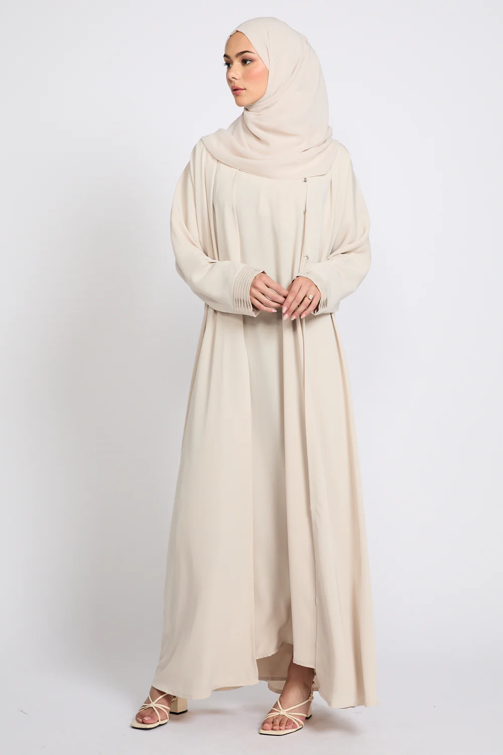Premium Classic Open Abaya with Pleated Cuff Detailing - Almond Milk - Image 3