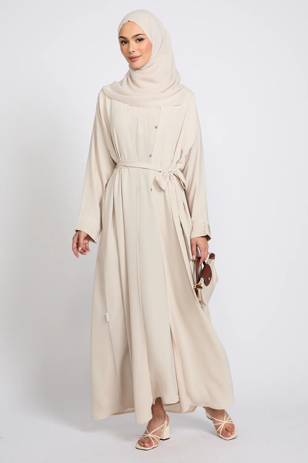 Premium Classic Open Abaya with Pleated Cuff Detailing - Almond Milk - Image 4