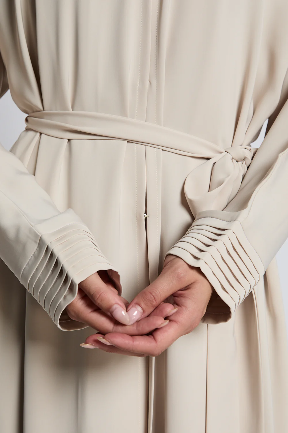 Premium Classic Open Abaya with Pleated Cuff Detailing - Almond Milk - Image 5