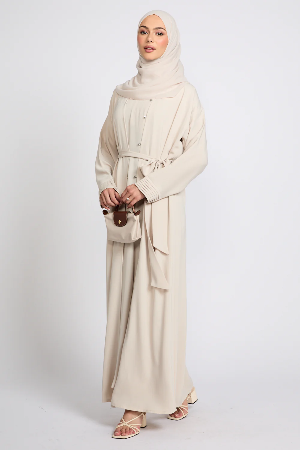 Premium Classic Open Abaya with Pleated Cuff Detailing - Almond Milk - Image 6