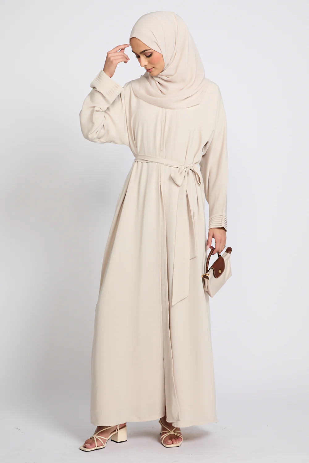 Premium Classic Open Abaya with Pleated Cuff Detailing - Almond Milk - Image 7