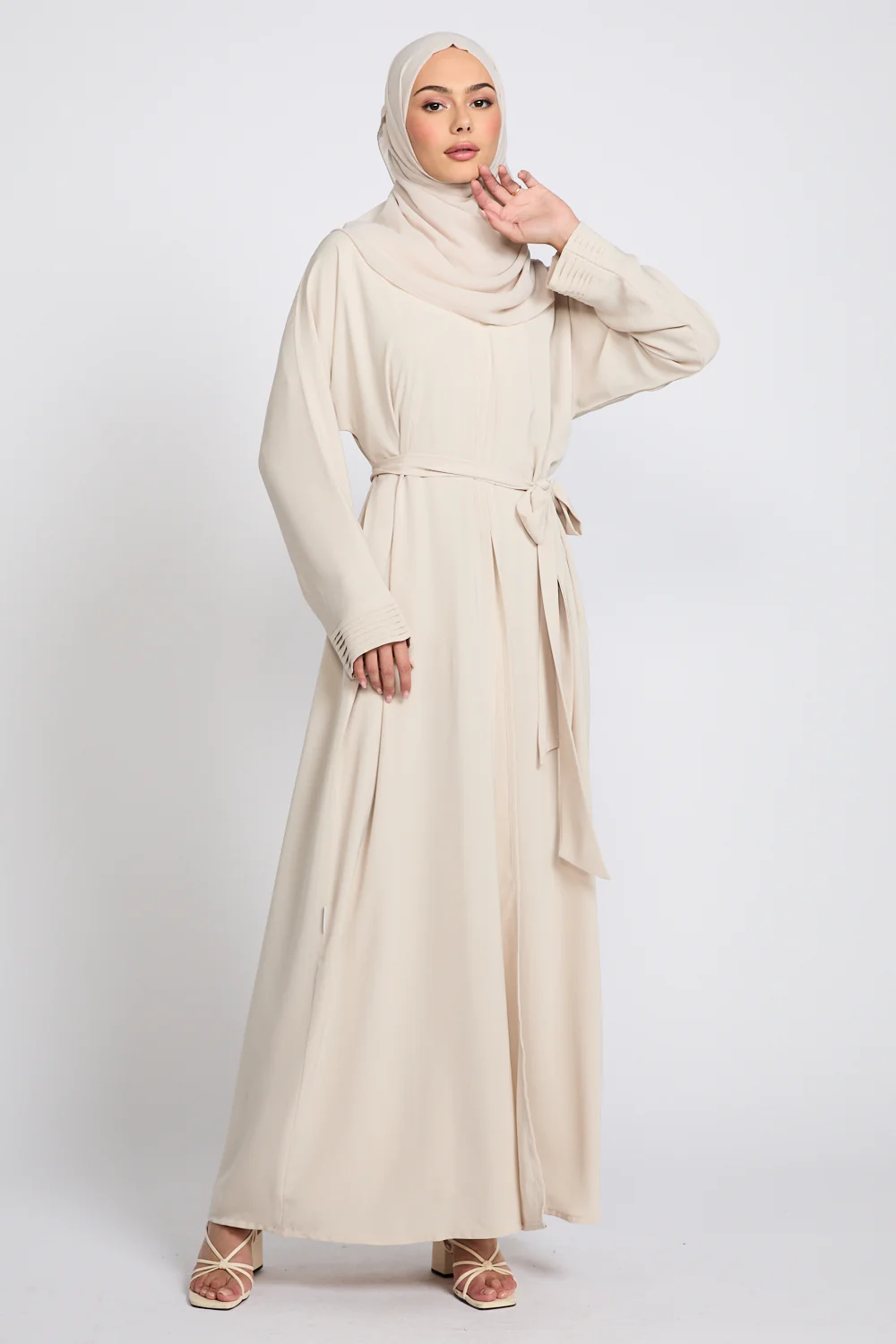 Premium Classic Open Abaya with Pleated Cuff Detailing - Almond Milk - Image 8