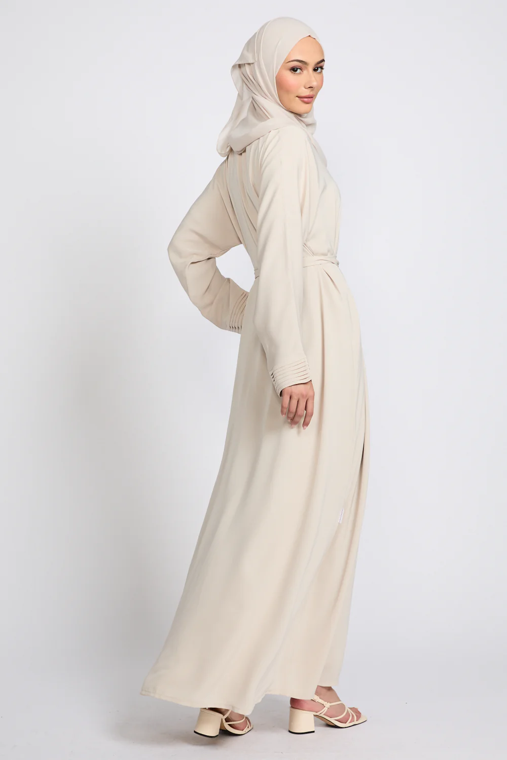 Premium Classic Open Abaya with Pleated Cuff Detailing - Almond Milk - Image 9