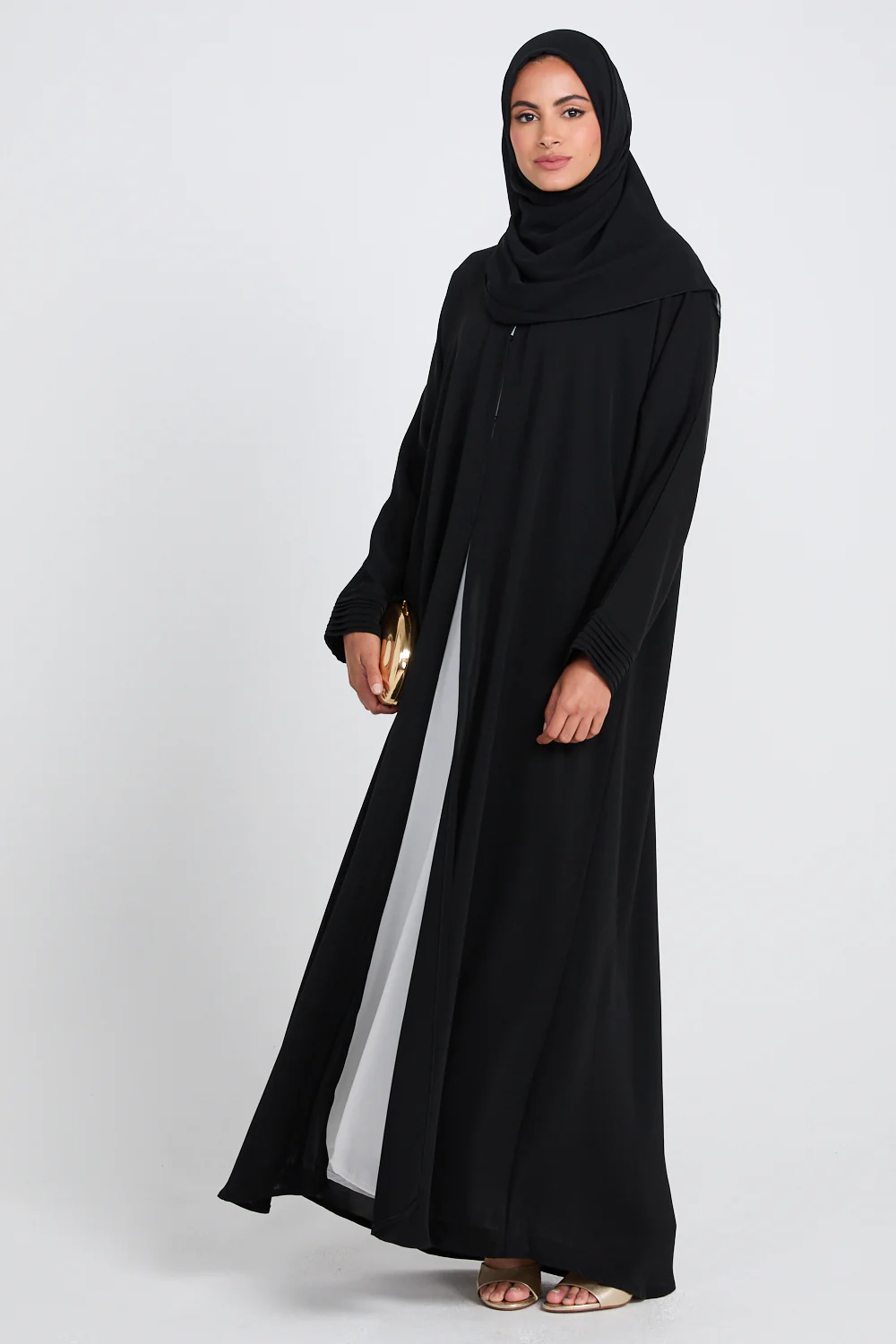 Premium Classic Open Abaya with Pleated Cuff Detailing - Black