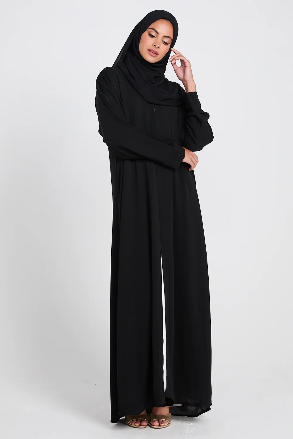Premium Classic Open Abaya with Pleated Cuff Detailing - Black - Image 5